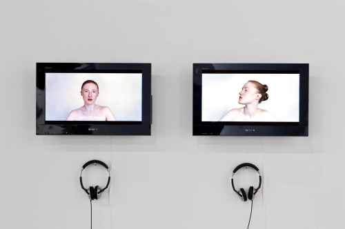 
     <i>Shooting - Arrogant Suffering</i>, 
     2009<br />
     2 channel video installation, 
     <br />
     Installation View, MOCA Torronto, Canada