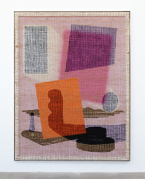 
     <i>Desire Painting: Venetian Imagio</i>, 
     2018<br />
     silk-screen print, acrylic on wood, jute net in aluminium shadow gap frame, 
      220 x 175 cm<br />
     