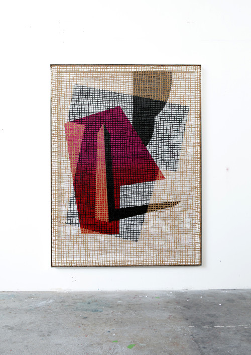 
     <i>Floorplan Desire Painting</i>, 
     2015<br />
     Silk-screen print, acrylic on wood, jute net in aluminium shadow gap frame, 
      200 x 148 x 6 cm<br />
     