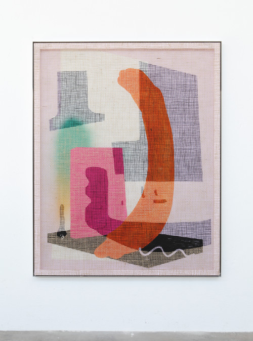 
     <i>Desire Painting: Cadeau Venecianeau</i>, 
     2018<br />
     silk-screen print, acrylic on wood, jute net in aluminium shadow gap frame, 
      192 x 152 cm<br />
     