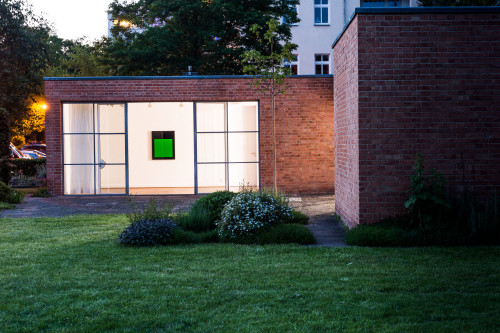 
     <i>set 223</i>, 
     2014<br />
     lacquered stainless steel, 
      95 x 76 x 5 cm<br />
     Exhibition view Mies van der Rohe Haus, Berlin, Germany, 2014
