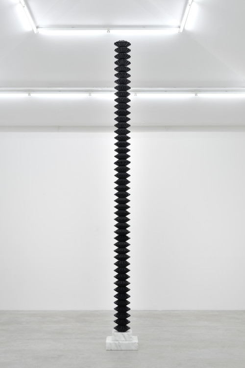 
     <i>Nebukadnezar</i>, 
     2011<br />
     compression-molded records, metal bar, marble plinth, 
      600 x 50 x 50 cm<br />
     