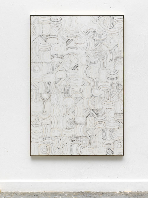 
     <i>Mirror and Corpse</i>, 
     2017<br />
     magnetic cassette coating, adhesive tape and acrylic on canvas, brass frame, 
      144 x 94,5 cm<br />
     