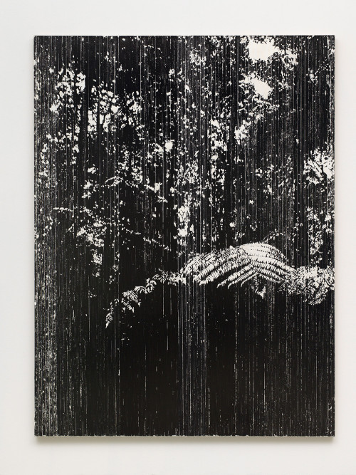 
     <i>Stay with me I need support (P.G.)</i>, 
     2016<br />
     magnetic cassette tape coating, adhesive tape and acrylic on canvas, 
      220 x 165 cm<br />
     