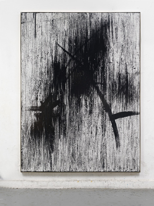 
     <i>Spellbound (Hitchcock)</i>, 
     2017<br />
     VHS tape and acrylic on canvas, 
      222 x 166 cm<br />
     