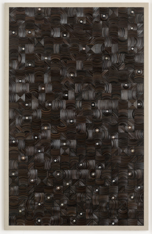 
     <i>und dann auf Sterne sehn</i>, 
     2015<br />
     cassette tape, cassette wheels and canvas on wood, 
      274 x 174 cm<br />
     