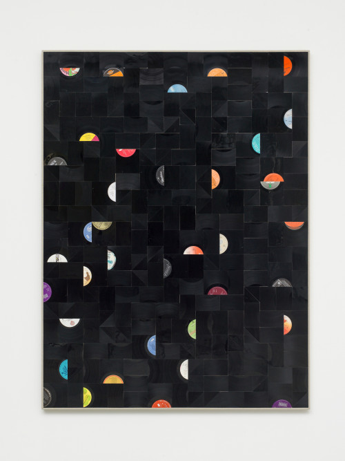 
     <i>Das Feld</i>, 
     2016<br />
     cut vinyl records and canvas on wood, 
      174 x 130 cm<br />
     