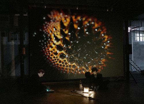 
     <i>Rapport de lois universelles</i>, 
     2012<br />
     Beaker, chemicals, iron nano-particules, camera and live-screening, 
      Performance, 3:40 min.<br />
     