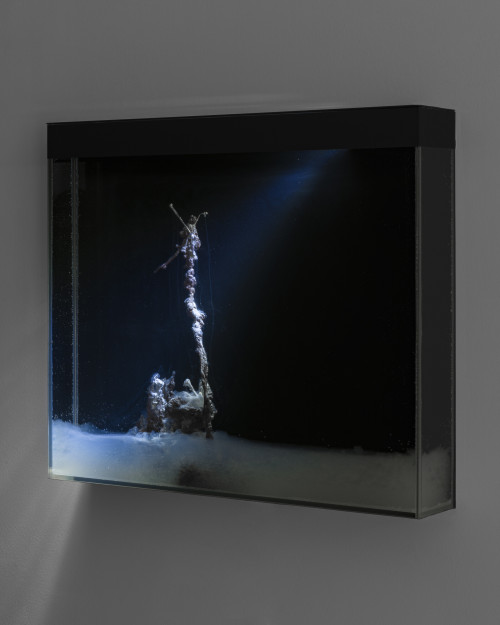 
     <i>Kéromancies #5</i>, 
     2019<br />
     Artificial bronze, tin and brass concretions, glass tank, water, light, controlled electro-conductivity, polymers, 
      50 x 60 x 10 cm<br />
     