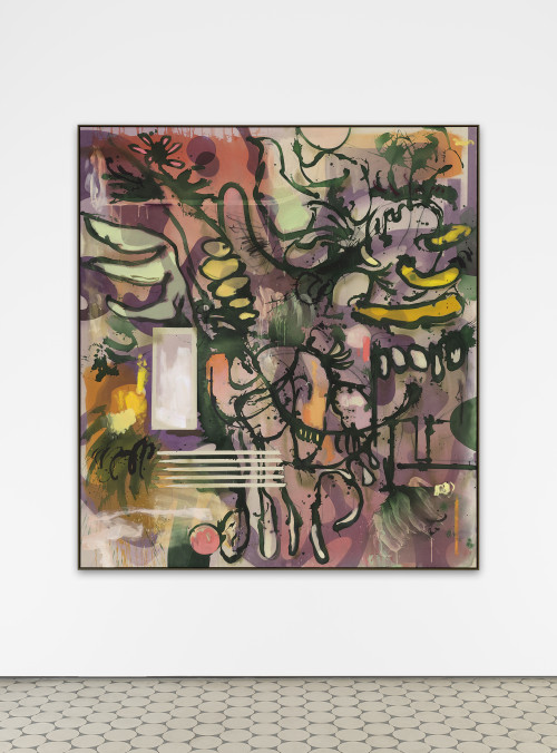 
     <i>Viscosi</i>, 
     2022<br />
     Ink, acrylic, oil paint on canvas, 
      200 x 180 cm<br />
     