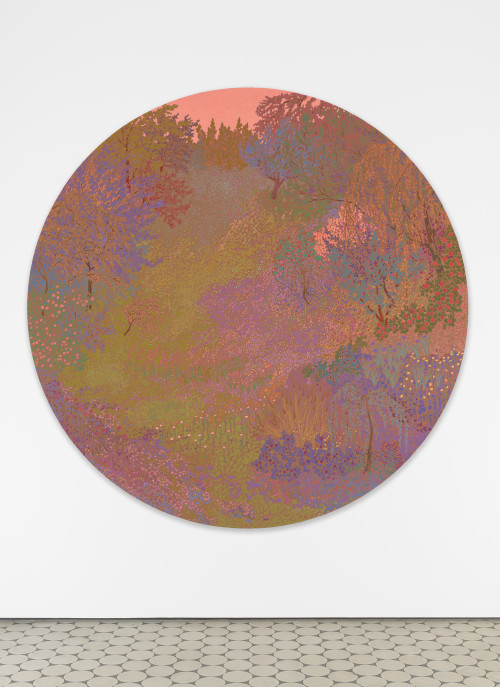 
     <i>bright beacons singing strikes silent</i>, 
     2020<br />
     oil on canvas, 
      ø 183 cm<br />
     