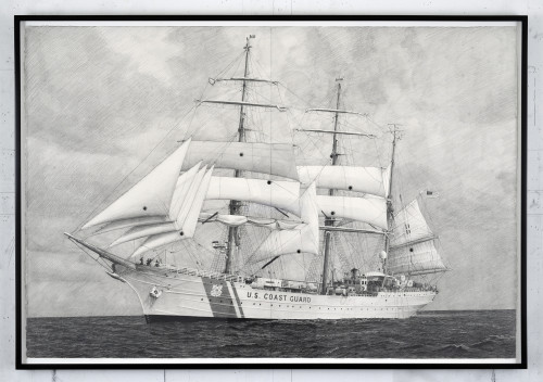 
     <i>Drawing of USCG Eagle With Sails Shot Out bymy father with a black powder revolver</i>, 
     2014<br />
     Pencil on paper with bullet holes, 
      81 x 117 cm (framed)<br />
     