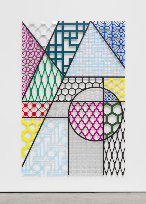 
     <i>Pattern Kinship Pyramid</i>, 
     2017<br />
     waterjet cut aluminium, acrylic paint, 
      198 x 132 x 1 cm<br />
     