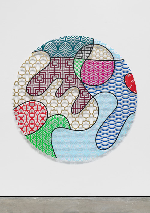 
     <i>Pattern Kinship, flow</i>, 
     2019<br />
     waterjet cut aluminium, acrylic paint, 
      ø 160 x 1 cm<br />
     