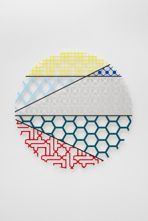 
     <i>Pattern Kinship III</i>, 
     2017<br />
     Waterjet cut aluminium, acrylic paint, 
      120 x 120 x 1 cm<br />
     