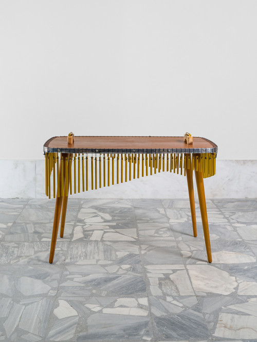
     <i>Table Chimes (from the series Music Room, Athens)</i>, 
     2017<br />
     wood, four sets of metal chimes, 
      66 x 90 x 57 cm<br />
     