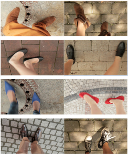 
     
     <i>Top View</i>,      2012<br />
     HD video loop, 
      2:48 min<br />
     For the video, Nevin Aladağ approached people of different ages, ethnicities, sexes, and social classes in the center of Munich and asked them to perform a few dance steps for the camera. Although the people in the film remain anonymous, and one sees little more than their shoes and the movements of their feet, even these tell a lot about people’s identities. Aladağ composed some fifty of the filmed sequences into a loop whose sound is made up of heels clicking and soles scraping on the pavement of Munich’s sidewalks and squares. 