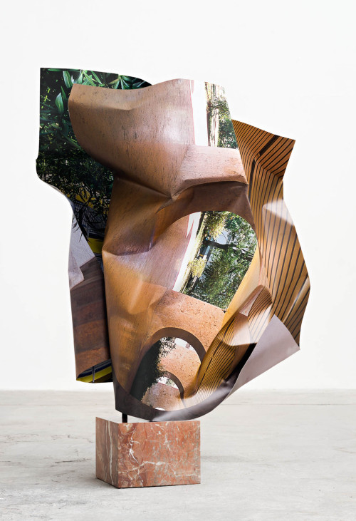 
     <i>Lúcio Costa (1)</i>, 
     2016<br />
     aluminium, stainless steel, digital print, red marble, 
      150 x 105 x 70 cm<br />
     