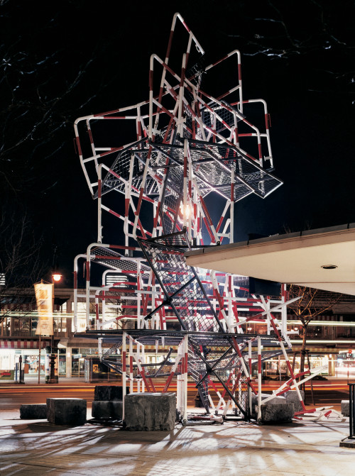 
     <i>13.4.1981</i>, 
     1987<br />
     Steel, chrome, cement, 
      1,150 x 900 x 700 cm<br />
     Installation view Kurfürstendamm Berlin, Germany, 1987