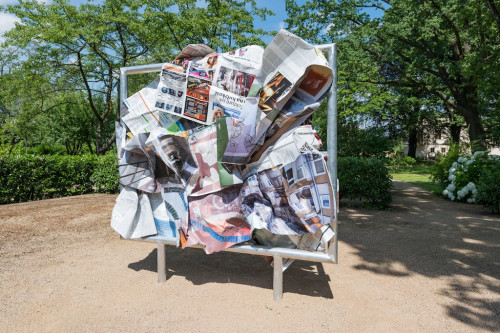 
     <i>Lublin, 19. Januar 2013</i>, 
     2013<br />
     Aluminium, stainless steel, digital print, 
      240 x 230 x 60 cm<br />
     Installation view Villa Schöningen, Potsdam, Germany, 2014
