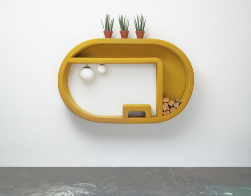 
     <i>jene 6</i>, 
     2019<br />
     wood, foam, upholstery fabric, sphere lamp, plants, logs, 
      138 x 218 x 40 cm<br />
     