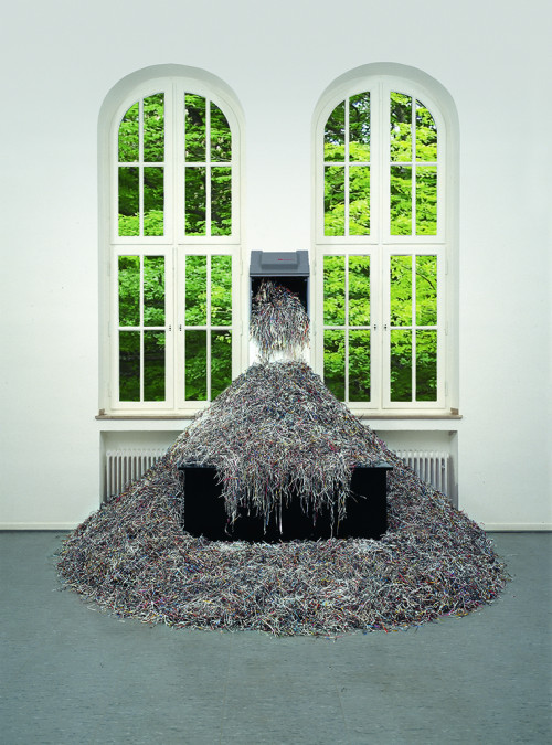 
     <i>Papier-Flut</i>, 
     1967/1994<br />
     paper, shredder, table, 
      245 x 365 x220 cm<br />
     happening-deconstruction-poetry (Aktions-Dekonstruktions-Poesie)