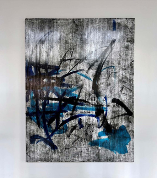 <i>Abbé Faria</i>, 2022<br />VHS tape coating, acrylic paint on canvas, 229 x 174 cm<br />