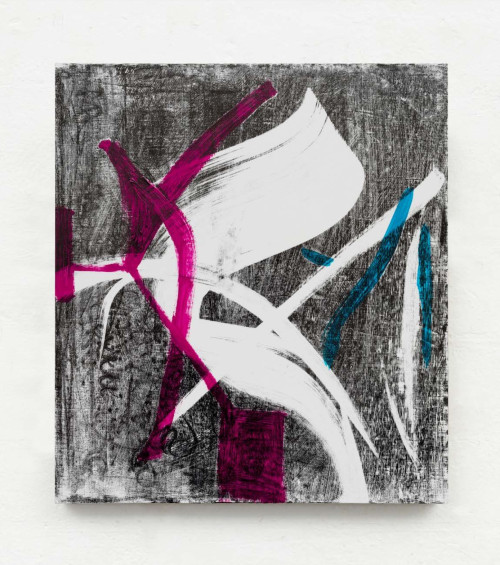 <i>Das Ende der Welt</i>, 2022<br />magnetic VHS tape coating, acrylic glue, acrylic paint on canvas, 74 x 66 cm<br />