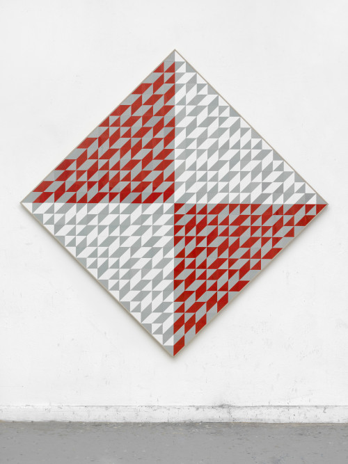 <i>Anni Albers Raute</i>, 2018<br />cut vinyl records, canvas, wood, 161 x 161 cm<br />